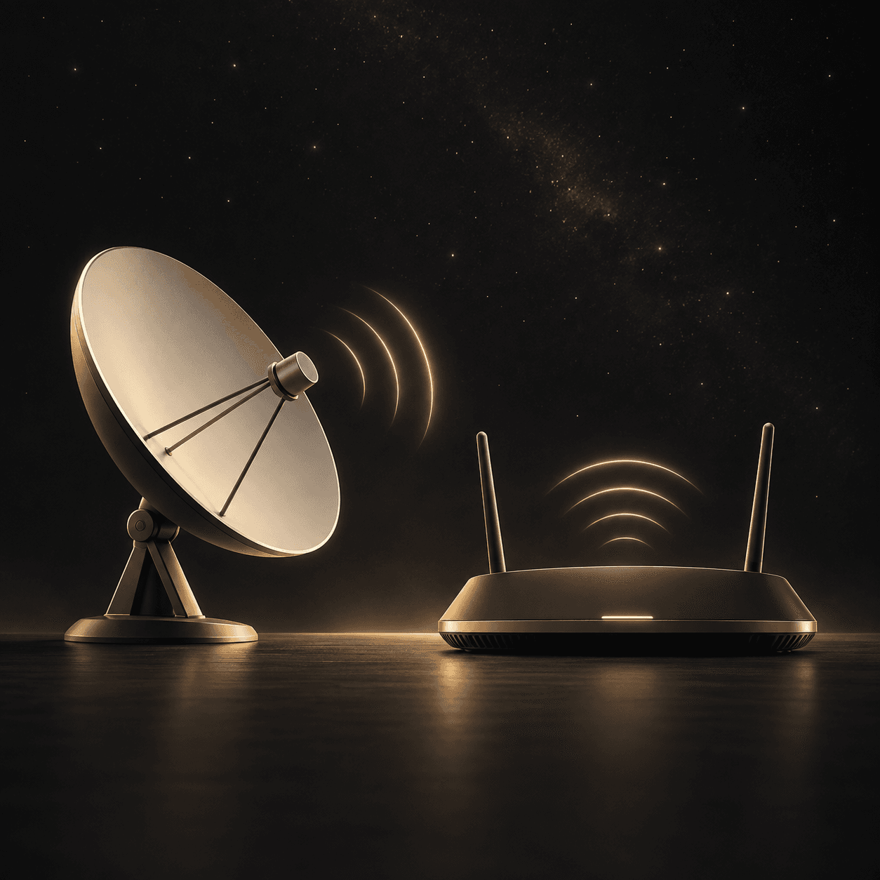 Satellite dish and home router connected by a wireless signal